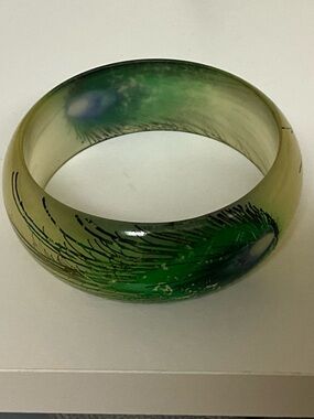 Vintage Lucite Peacock Feather Bangle Wide Frosted Green Statement Bracelet Boho